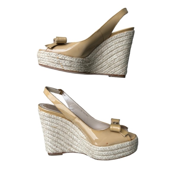 Christian Dior Tan Patent Peep Toe Bow Front Leaver Espadrille Wedges Size 8.5. - Picture 5 of 8
